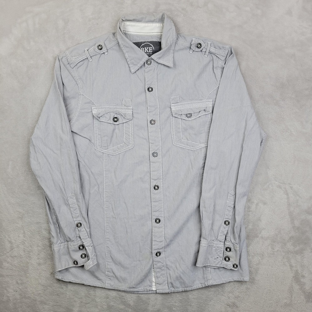 BKE Shirt Mens Medium Gray Pinstripe Long Sleeve Button Up Military Paulette